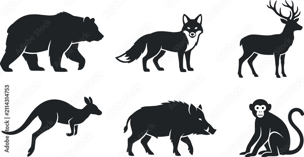 Fototapeta premium Wild Animal Silhouette Icon Set Featuring Bear Fox Deer Kangaroo Boar and Monkey for Nature Branding Graphic Designs