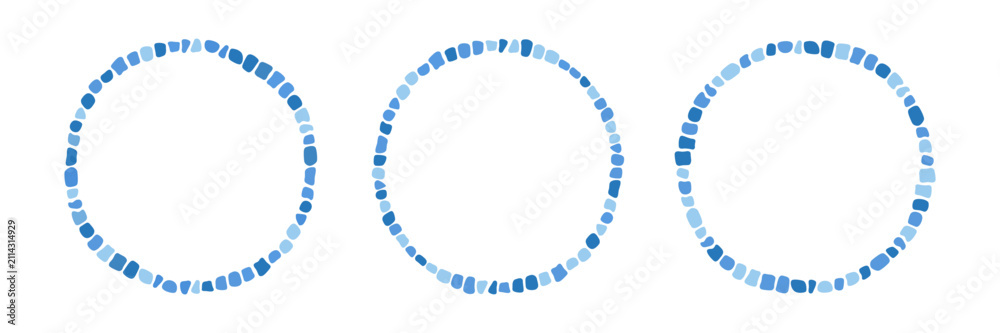 Obraz premium Blue antique stone mosaic circle frame set. Decorative Greek style round border. Abstract brick mosaic frame. Rome rock circle border. Design element. Vector illustration isolated on white background.