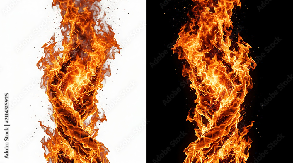 Fototapeta premium Swirling Fire Flame Pillar Split Screen Set on White and Black Background