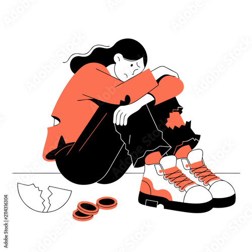 Obraz na plátně A lonely, dejected individual sits on the ground with tattered clothing, a broke