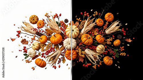 Autumn harvest pumpkin flatlay split screen layout on white and dark background set