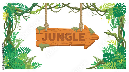 Foto Jungle directional sign hanging among vines and plants.