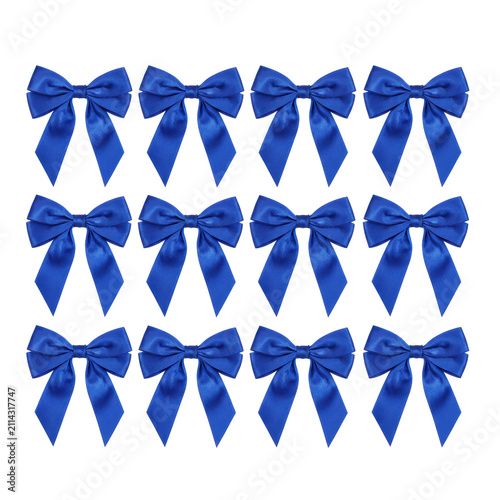 Eight identical royal blue satin gift bows arranged in two neat rows on a transparent studio background, showcasing silky textures. concept of elegance