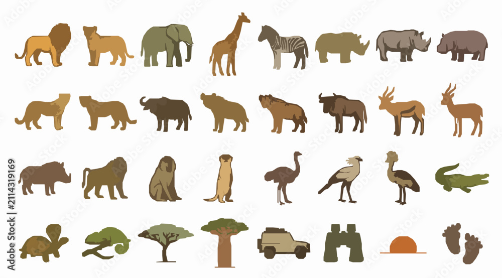 Obraz premium Hand drawn African safari wildlife and savanna animal vector icons set featuring iconic mammals birds reptiles nature and adventure symbols isolated on white background