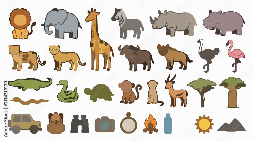 Obraz premium Colorful hand drawn African safari wildlife and savanna animal doodle vector icons set with nature adventure camping and conservation symbols on white background