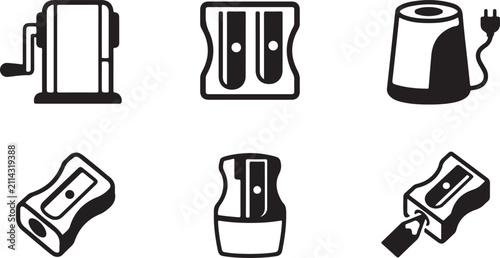 Six different pencil sharpener styles in black and white icons Vector