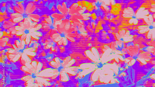 Foto Neon pink and magenta floral glitch with horizontal scanline distortion and chromatic aberration on abstract background