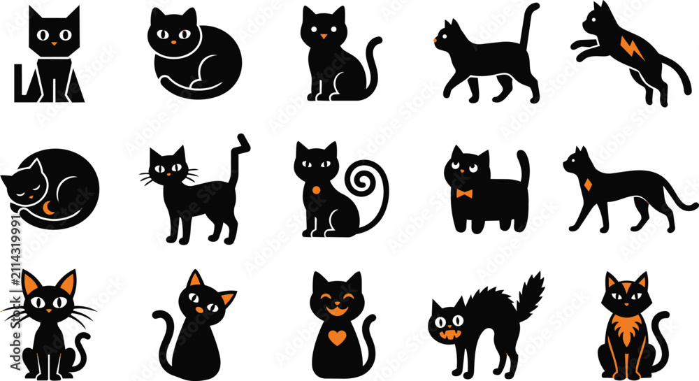 Obraz premium Set of cute black halloween cat illustrations in various poses isolated on a white background