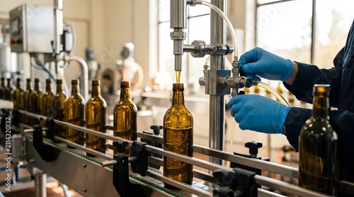 Olive oil pouring into glass bottles. Automated industrial food production line process.