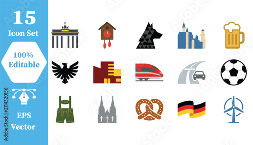Set of 15 flat germany themed icons with landmark collection illustration