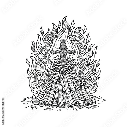 Canvas Print Holika Dahan bonfire with straw effigy and ceremonial pyre