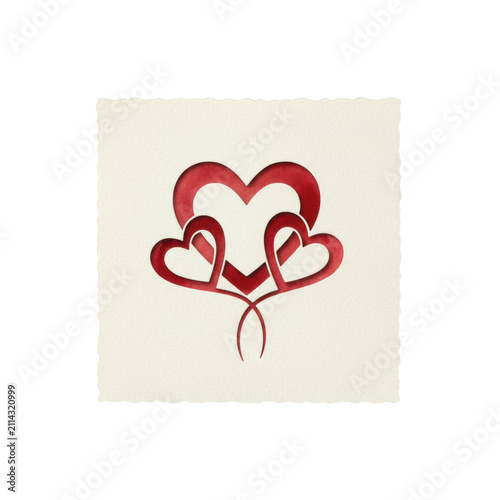 Three interconnected red hearts made from a single watercolor brushstroke on textured paper isolated on a white background concept of love and unity