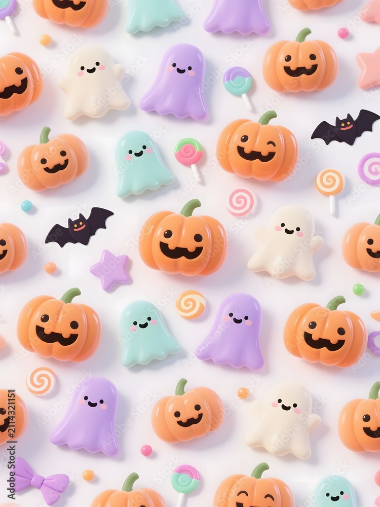 Obraz premium Cute 3D Halloween Pumpkin and Ghost Seamless Pattern Background with Kawaii Candy Style