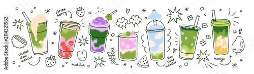 Matcha drinks set. Asian Japanese beverages from green powder, whipped cream,...