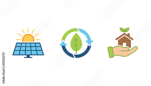 Environmental conservation icons set with solar panel renewable cycle with green leaf and a house held in hand.