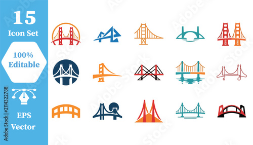 Collection of decorative bridge construction icons with architecture, landmark