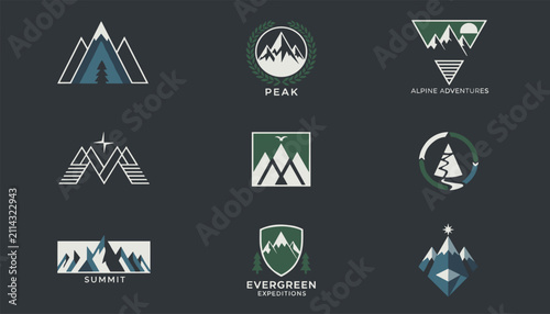 Collection of nine minimalist mountain adventure logo templates and badges in green and blue on dark background.