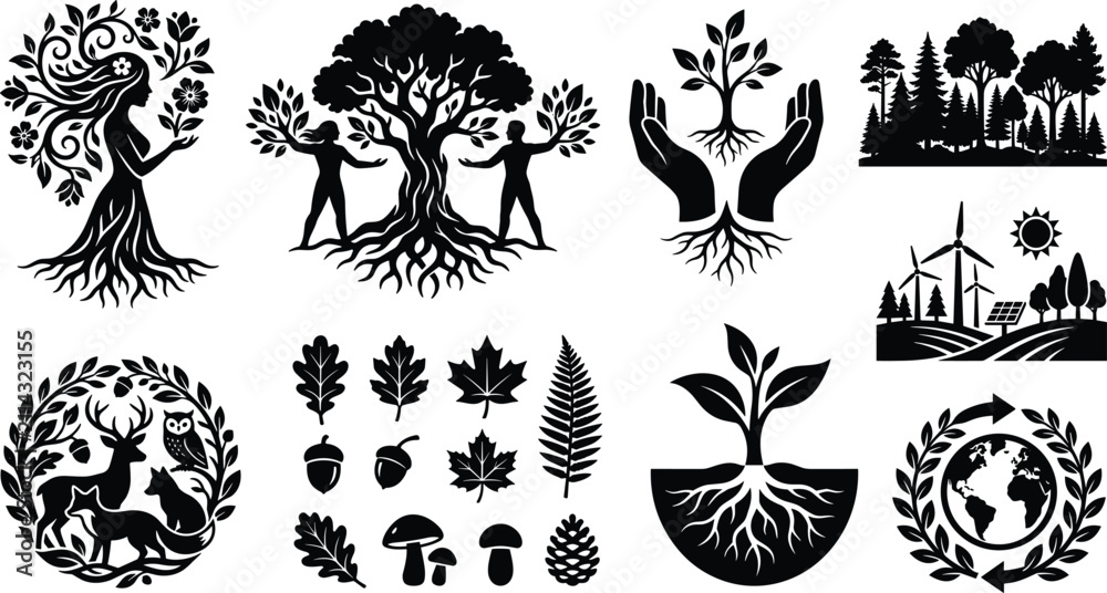 Fototapeta premium Nature Conservation and Eco Friendly Tree Black Silhouette Icon Collection