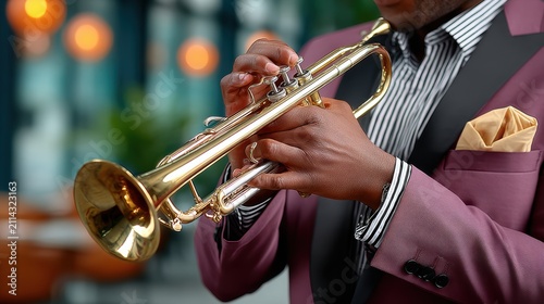 Closeup of a jazz trumpet player’s hands on brass instrument at golden hour into night for music performance and event promotion showing valves, shine and elegant stage atmosphere