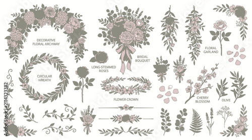 Vintage botanical illustrations featuring wreaths, bouquets, and floral branches.