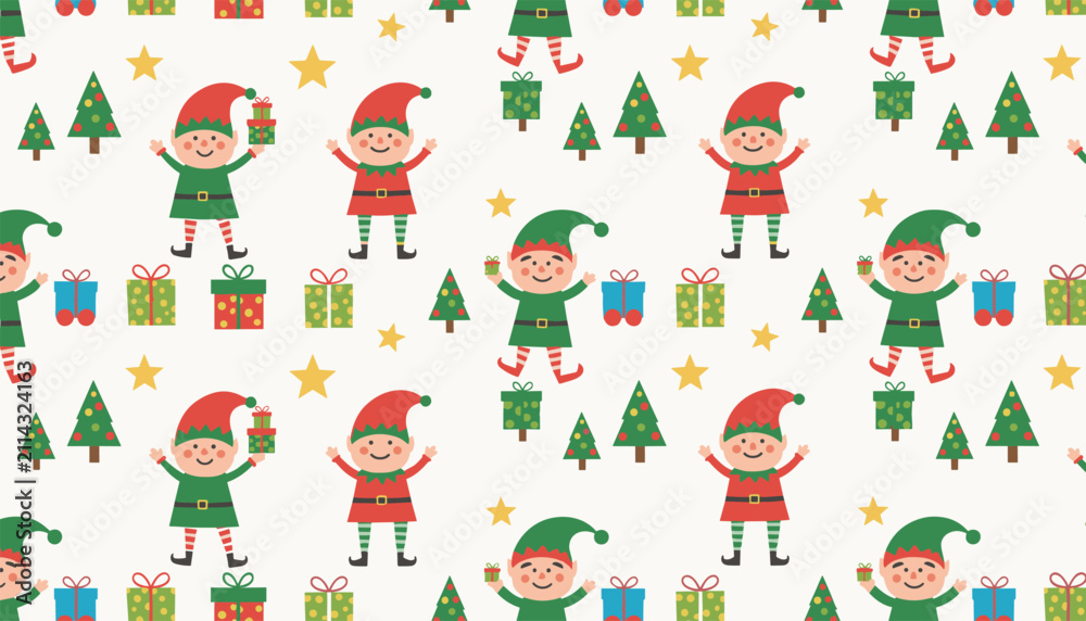 Fototapeta premium Festive seamless pattern with cute christmas elves, wrapped present boxes, small pine trees, and gold stars on a light cream background.