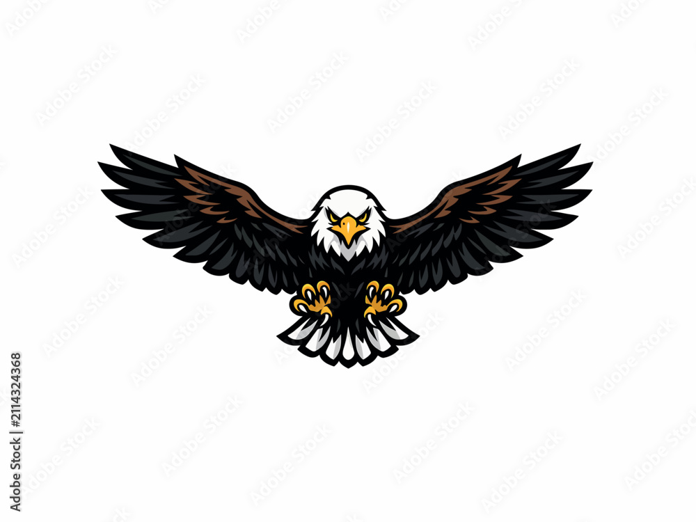 Fototapeta premium powerful flying eagle vector illustration with fully spread wings in clean flat style. Sharp feathers using smooth vector curves, bold symmetrical composition, premium editable shapes. Organized layer