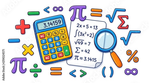 Mathematician working with calculator and mathematical symbols. Student analyzing data and solving equations.