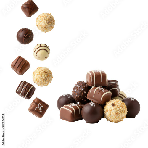 Assorted dark, milk, and white chocolates with hazelnuts and salt falling in a minimalist white studio with crumbs high-end luxury confectionery atmosphere