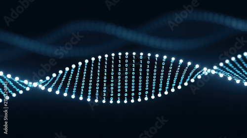 Digital helix with illuminated nodes of binary code on dark background