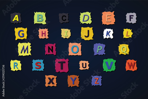 Colorful Ransom Note Alphabet Font Set Cut Paper Letters Vector Illustration