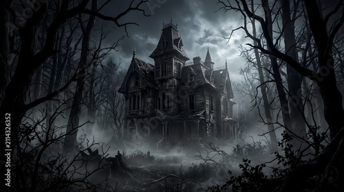 An eerie haunted mansion standing in a dark misty forest under a bright full moon at night