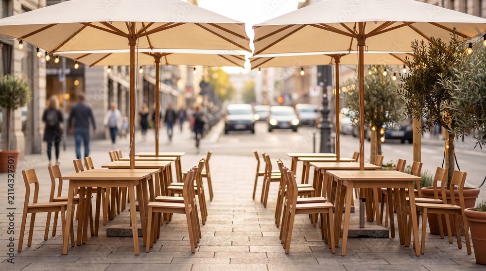 Obraz premium Outdoor cafe seating area with umbrellas on a European street
