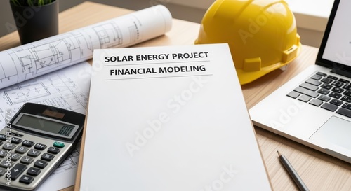 Solar Energy Project Financial Modeling Document and Yellow Hard Hat on Table
