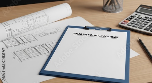 Solar installation contract document and blueprints on a desk, representing renewable energy project planning and agreement.