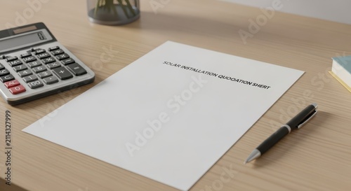 Solar installation quotation sheet on a wooden desk with pen and calculator