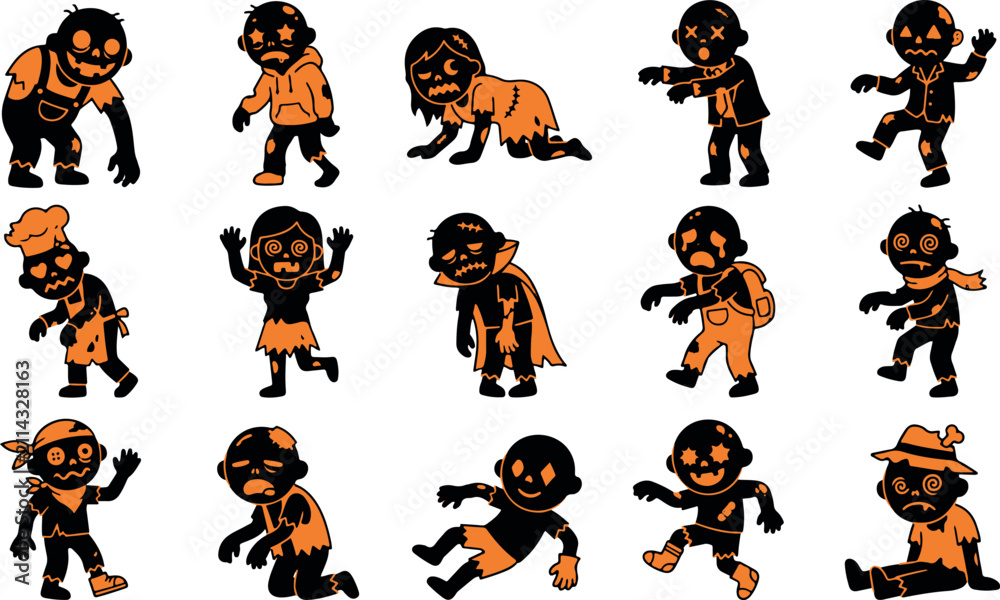 Obraz premium Set of various cartoon zombie characters in different poses isolated on a white background for game design