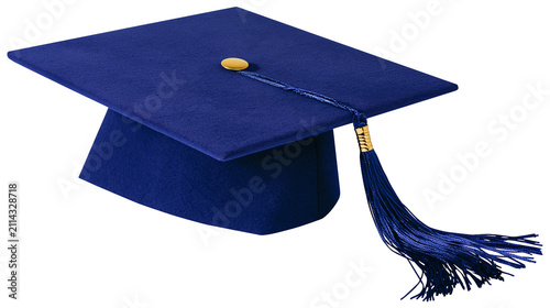 Royal blue graduation cap with gold tassel and button