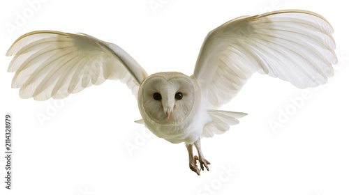 Barn owl with wings spread flying forward