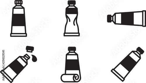Set of six different paint tube icons in black and white Vector