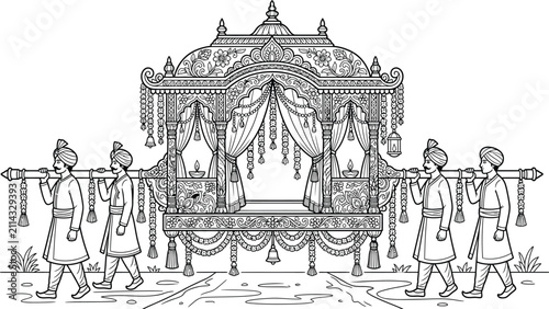 Canvastavla Men carrying traditional Indian wedding palanquin in line art style