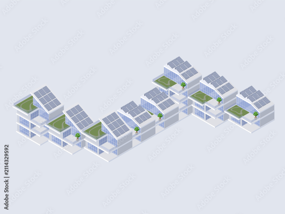 Fototapeta premium Isometric zigzag eco townhouse complex, mixed sections, solar panels