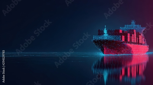 A futuristic container ship rendered in neon blue and red lights floats on calm water under a dark sky. ..Created with Generative AI, not depicting real subjects.