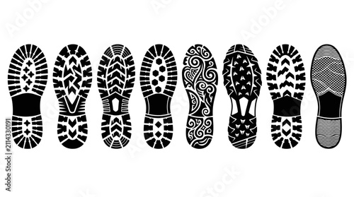Black shoe sole tread patterns and human footprints.