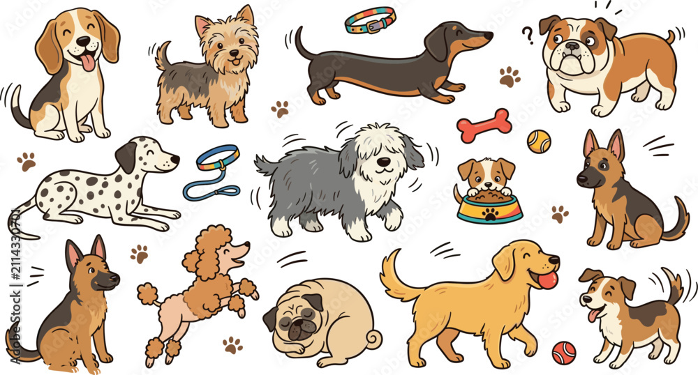 Obraz premium Cute Dog and Puppy Breed Character Illustration Set Featuring Popular Canines Accessories and Playful Actions for Pet Care Brand Creative Vector Graphic Designs