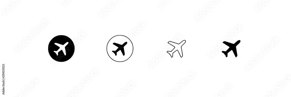 Fototapeta premium Airplane Icons in a Row Each with Different Styles and Colors Featuring Icon, Black, White with Gray and Silhouette Elements