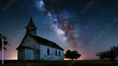 A white church stands in a rural location under a starry sky. The milky way stretches across the sky, adding beauty to the scene. Lights from a nearby town glow softly in the distance