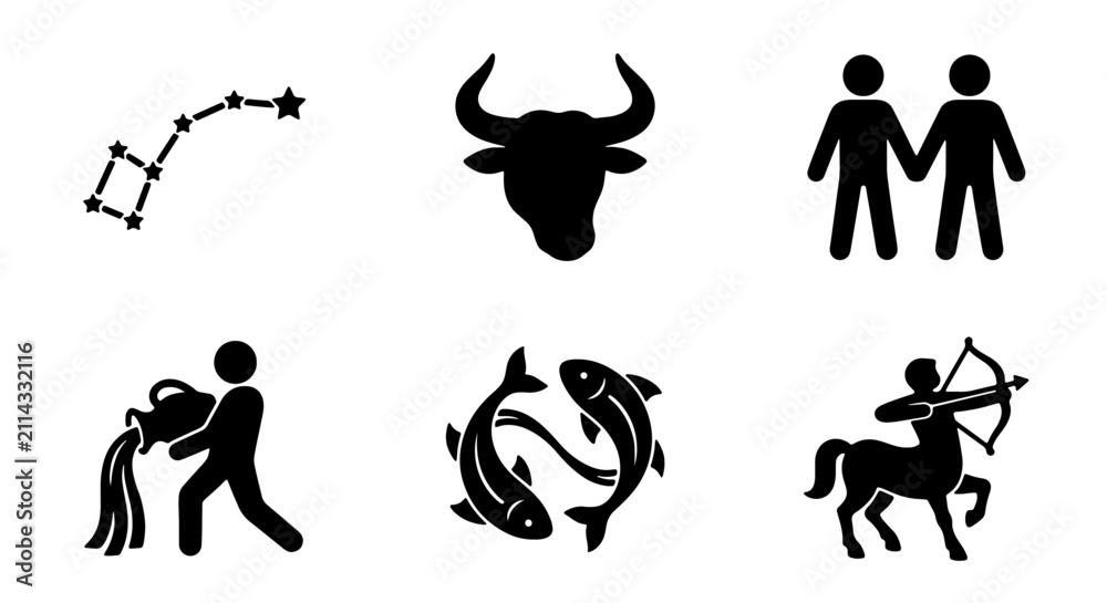 Obraz premium Zodiac Constellations and Symbols, Astrology Icons Set, Celestial Signs Vector Graphics, Horoscope Symbols Collection
