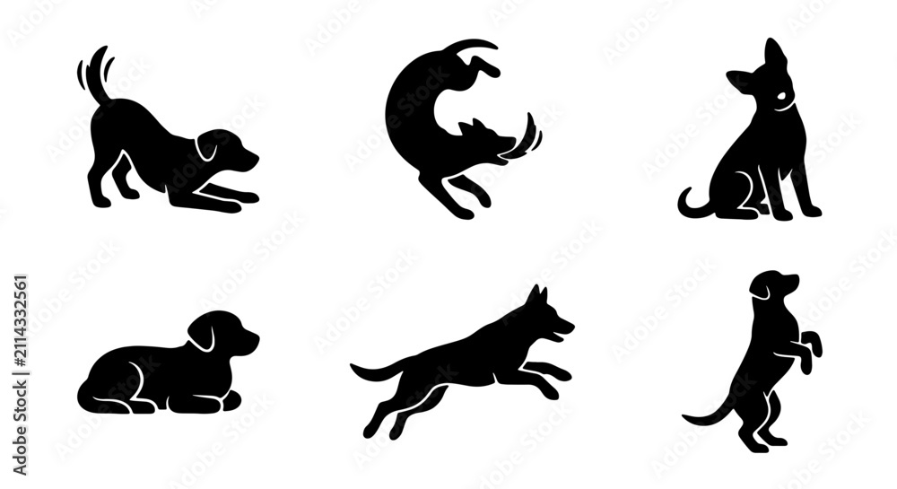 Obraz premium Dog Silhouette Icons, Canine Poses Vector Set, Playful Animal Graphics, Pet Breed Illustrations, Black and White Graphic Resources