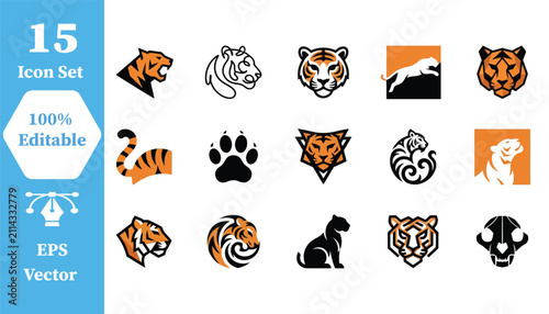 Картината върху платно Graphic collection of fifteen tiger icons and wildlife emblems with wildlife