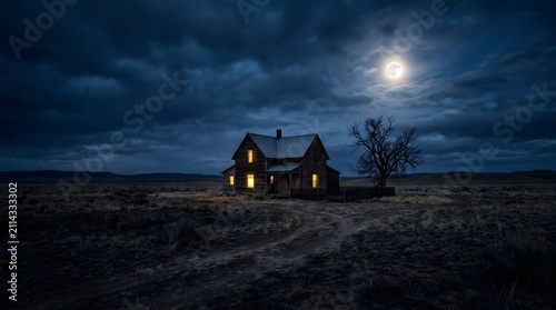 An old abandoned farmhouse sits in a desolate field under a bright full moon in a dark cloudy sky